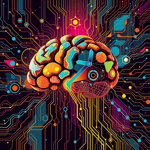 futuristic design, abstract patterns, vibrant colors, conceptual thinking, artificial intelligence, interconnected networks, neural pathways, geometric composition, bold lines, intricate details, dynamic flow, technological influence, modern aesthetics, high contrast, symbolic representation, visual metaphors, complexity and simplicity, digital age, technological synergy, visual impact