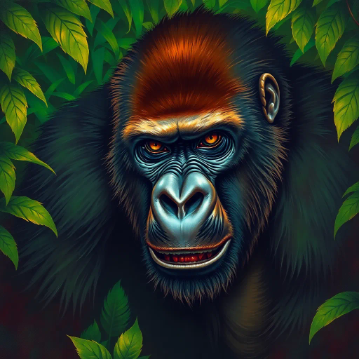 dynamic, expressive, Gorilla, majestic presence, vibrant jungle, lush foliage, chiaroscuro lighting, vivid color palette, textured fur, intricate detail, impressionistic brushstrokes, Frida Kahlo influence, surrealism elements, powerful stance, contemplative gaze, rich emerald greens, golden highlights, mysterious atmosphere, John Singer Sargent lighting, cultural symbolism, wild nature, close-up perspective, emotional depth, visceral experience, primal energy, immersive composition, overlapping layers