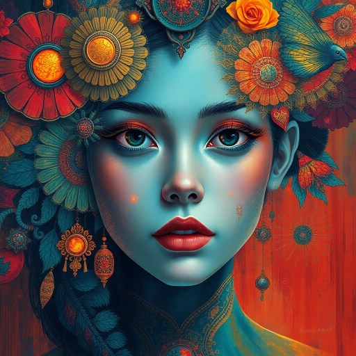 ethereal portraiture, futuristic elements, vibrant hues, dynamic composition, intricate detailing, diverse cultural motifs, emotive expression, luminous textures, inspired by Hayao Miyazaki, surrealistic influences, bold contrasts, vivid imagination, fantastical themes, dreamlike atmosphere, whimsical aesthetics, modern technology, fluid brushstrokes, digital rendering, immersive presence, creative storytelling, visual poetry