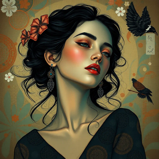 serene, ethereal, portrait of a woman, evocative mood, vibrant colors, intricate patterns, chiaroscuro lighting, inspired by Alphonse Mucha, art nouveau elements, flowing lines, delicate textures, renaissance influences, elegant poise, contemplative expression, natural beauty, soft pastel hues, atmospheric depth, delicate brushstrokes, cultural fusion, modern twist, abstract background, imaginative composition, timeless elegance