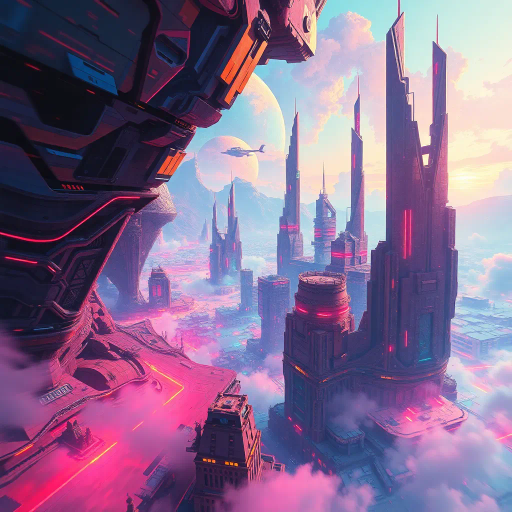 vibrant colors, digital painting, futurism, Mike Winkelmann inspiration, surreal landscapes, dynamic movement, ethereal atmosphere, neon lighting, abstract shapes, high detail, immersive worlds, imaginative realms, otherworldly elements, dreamlike composition, visual storytelling, intricate patterns, bold contrasts, cutting-edge techniques, contemporary vision, expansive vistas, futuristic cityscapes