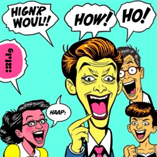 satirical humor, bold colors, exaggerated expressions, Roy Lichtenstein influence, pop art, sharp lines, dynamic poses, humorous commentary, Andy Warhol style, speech bubbles, vibrant contrast, playful imagery, iconic symbolism, 1960s art movement, mixed media, cultural critique, visual puns, energetic layout, graphic design principles