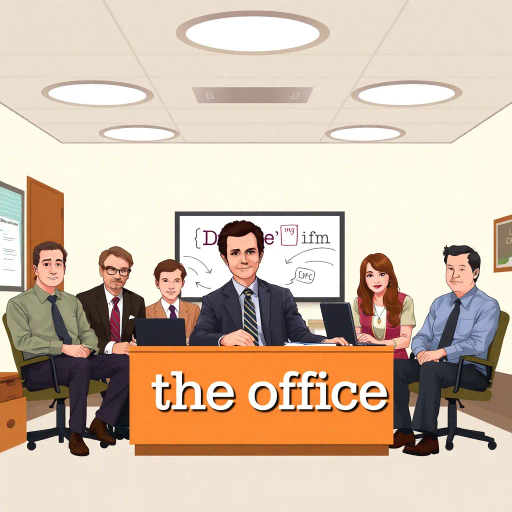 The Office, TV show, satirical humor, vibrant, Steve Carell, ensemble cast, mockumentary style, quirky, everyday life, work environment, subtle irony, character dynamics, Michael Scott, Dunder Mifflin, Scranton, Pennsylvania, documentary filming, 2000s television, comedic timing, deadpan expression, cultural phenomenon, paper company, witty banter, office antics, relatable humor, office supplies, Jim Halpert, Pam Beesly, Dwight Schrute, team dynamics, overhead fluorescent lighting, mundane yet charming, round camera angles, workplace relationships