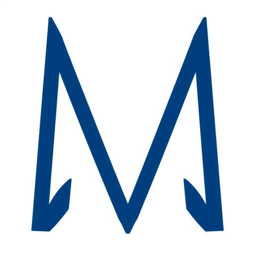 geometric M lettermark, bold parallel vertical strokes, angled V-shaped bridges, hierarchy symbolism, solid indigo blue, minimalism, flat vector design, white background, Bauhaus influence, modernist typography, precision, clarity, structural design, monochrome elegance, modular aesthetics, architectural inspiration, clean lines, minimalist logo design, balance and symmetry, contemporary graphic identity