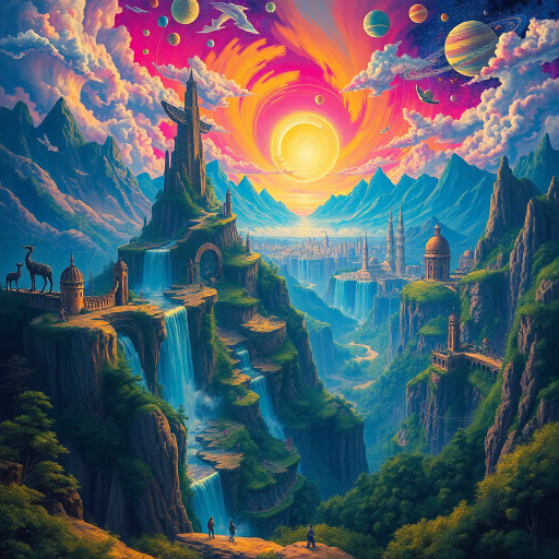 surreal landscape, futuristic cityscape, ethereal glow, vibrant color palette, Salvador Dalí influence, dream-like imagery, intricate details, cascading waterfalls, luminous skies, mythical creatures, otherworldly architecture, dynamic movement, cosmic energy, enchanting forest, mystical ambiance, imaginative realms, sweeping vistas, fluid forms, elaborate patterns, celestial bodies, vibrant contrast, expansive spaces, psychedelic inspiration, vast valleys, towering peaks, lush forests, ethereal light, 20th century, fantasy realms, whimsical, flowing lines, golden hues, emerald greens, magical essence, epic scale, captivating scenes, cultural mythos, mythical legends, atmospheric depth, poetic visuals, otherworldly charm, enchanted atmosphere, imaginative storytelling