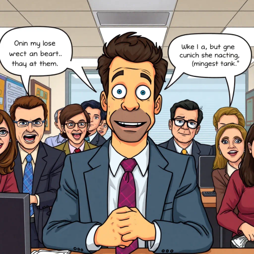 satirical humor, everyday life, workplace dynamics, vibrant colors, exaggerated expressions, quirky characters, Michael Scott, camera angles, documentary style, playful tone, American culture, ensemble cast, office environment, comedic timing, mockumentary feel, panel layout, speech bubbles, visual storytelling, relatable scenarios, improvisational flair, modern setting, emotional undertones, character development, symbolic objects