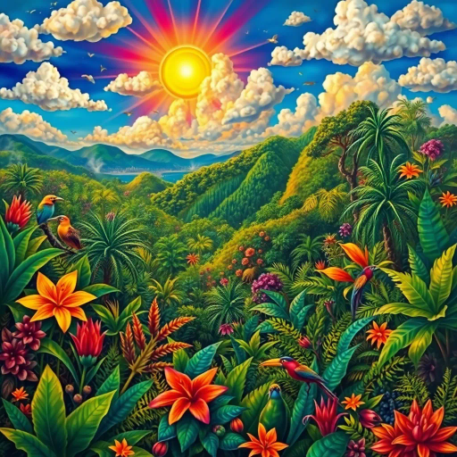 vivid rainforests, carnival atmosphere, vibrant colors, intricate details, lush foliage, rich cultural heritage, magical realism, Brazilian landscape, surreal clouds, tropical wildlife, Henri Rousseau, Tarsila do Amaral, Jorge Selarón, Carmen Miranda, rhythmic movement, radiant sunlight, festive mood, intricate patterns, exotic birds, mythical elements, samba rhythm, enchanting scenery, tropical flora, dynamic samba dancers, exuberant colors, modernist architecture, Henrique Rousseau influence, celebratory spirit, expansive cityscapes, panoramic views, Copacabana beach, rich biodiversity, engaging street art, indigenous art, cultural fusion, joyous atmosphere, warmth and energy, expressive movement, Afro-Brazilian heritage, contemporary elements