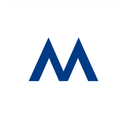 bold letter M, logo design, parallel strokes, subtle taper, upward hierarchy, structured design, solid indigo blue, clean geometric vector, minimalist aesthetic, white background, Bauhaus influence, modern typography, symmetrical composition, negative space, precision, crisp lines, artistic clarity, contemporary art, balanced proportions, graphic design