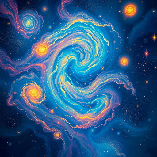 cosmic expanse, galaxies swirling, Vincent van Gogh, ethereal nebulae, vibrant stardust, otherworldly atmosphere, sci-fi fantasy, luminescent orbs, gravity-defying landscapes, interstellar clouds, surreal cosmic dance, mystical void, Stephen Hawking's theoretical universe, starry nightscape, radiant celestial bodies, vast universe, Andrea Pozzo's perspective, celestial light, swirling galaxies, dreamlike cosmos, pulsating energy, dark matter ballet, cosmic horizon