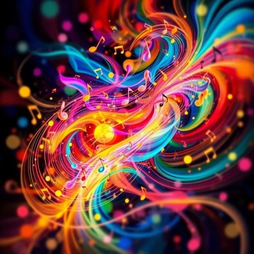 melodic symphony, abstract visualization, vibrant colors, swirling compositions, dynamic rhythms, audacious expression, musical notes, visual harmony, neon glows, artistic spontaneity, digital rendering, immersive soundscapes, cubist influence, visual tempo, emotion in music, musical instruments, cultural resonance, bokeh effects, fluid movement, energetic brushstrokes, ethereal tones, balance and contrast, synesthesia, transcendental experience