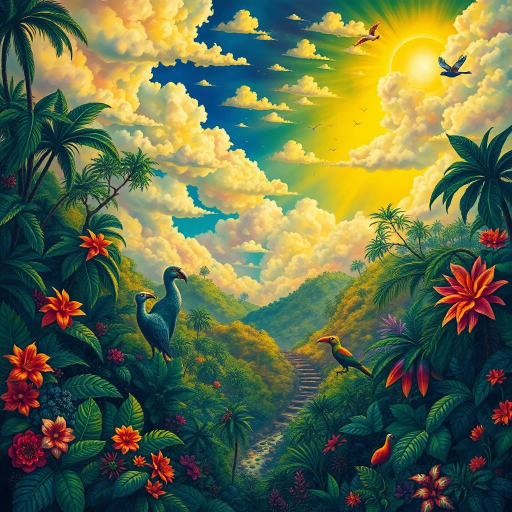vivid rainforests, carnival atmosphere, vibrant colors, intricate details, lush foliage, rich cultural heritage, magical realism, Brazilian landscape, surreal clouds, tropical wildlife, Henri Rousseau influence, rhythmic movement, radiant sunlight, festive mood, intricate patterns, exotic birds, mythical elements, celebratory spirit, tropical flora, samba rhythm, enchanting scenery