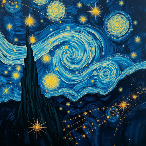 celestial entities, cosmic dance, Vincent Van Gogh influence, swirling galaxies, ethereal glow, deep indigos, golden accents, mystical aura, night sky splendor, dreamlike fantasy, surrealism, astral patterns, infinite space, starscape, luminous bodies, impressionistic touches, celestial harmony, vast universe, twinkling lights, stardust trails