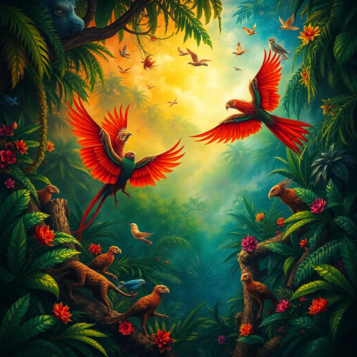 vibrant rainforest, carnival energy, tropical palette, intricate textures, Gustavo Rosa, surrealism, expressive forms, dynamic movement, colorful feathers, mystical beings, atmospheric perspective, lush foliage, samba rhythms, cultural tapestry, radiant lighting, whimsical creatures, vibrant celebrations, exotic wildlife, lively atmosphere, magical realism, imaginative scenery, rhythmic patterns, bold silhouettes