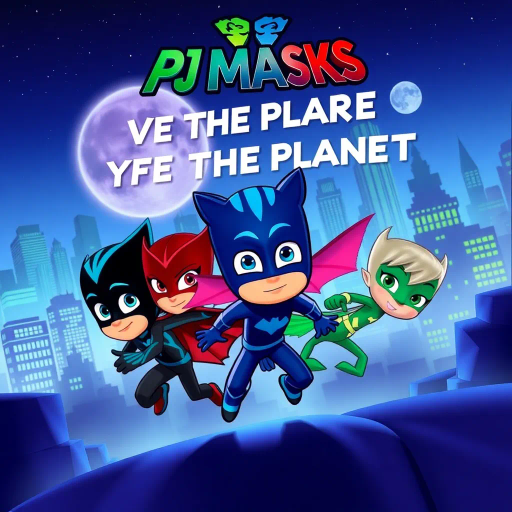 PJ Masks, heroic trio, saving the planet, dynamic action, vivid colors, high contrast, futuristic cityscape, midnight blues, vibrant greens, animated style, dramatic shadows, fast-paced, heroic journey, children's heroes, rescue mission, environmental protection, teamwork, bold outlines, stylized, storytelling, graphic novel technique, adventure narrative, heroic lighting, superhero themes, youthful spirit, comic strip influence, comic panel composition, graphic storytelling, visual dynamism, imaginative landscapes, animated poses, energetic lines, visual impact, immersive story, vibrant illustrations