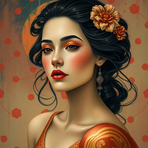 serene, ethereal, portrait of a woman, evocative mood, vibrant colors, intricate patterns, chiaroscuro lighting, inspired by Alphonse Mucha, art nouveau elements, flowing lines, delicate textures, renaissance influences, elegant poise, contemplative expression, natural beauty, soft pastel hues, atmospheric depth, delicate brushstrokes, cultural fusion, modern twist, abstract background, imaginative composition, timeless elegance