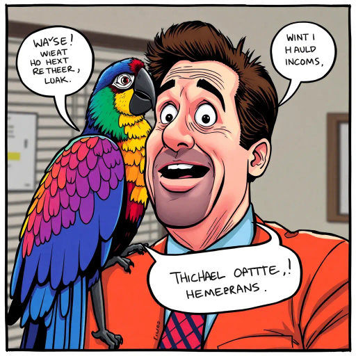 Michael Scott, colorful parrot, vibrant colors, humorous expression, dynamic composition, satirical tone, exaggerated features, playful mood, pop art style, witty dialogue, The Office, Steve Carell, ensemble cast, mockumentary style, quirky everyday life, work environment, cultural phenomenon, character dynamics, Dunder Mifflin, paper company, office antics, relatable humor, expressive line work, sequential art, americana, dynamic poses, iconic moments, lighthearted ambiance, comedic timing, sketch-like outlines, cartoonish exaggeration, narrative humor, vibrant personalities, Jim Halpert, Pam Beesly, Dwight Schrute, vibrant palette, office sitcom influences, humorous interplay, satire, exaggerated expressions, lighthearted caricature, expressive dynamics