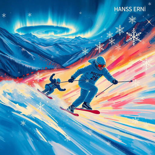 celebration of winter sports, Hans Erni, dynamic motion, alpine landscapes, pristine icy blues, chiaroscuro lighting, high-energy composition, textured snowflakes, glowing auroras, adrenaline, ski jumps, intricate ice sculptures, 21st-century athleticism, expressionism, cultural unity, vibrant hues, polished ice surfaces, vast snowy arenas, symbolic victory, ephemeral moments, spirit of competition, atmospheric drama, geometric precision, sweeping panoramic views, artistic synergy, invigorating perspectives, harmonious blending of tradition and innovation