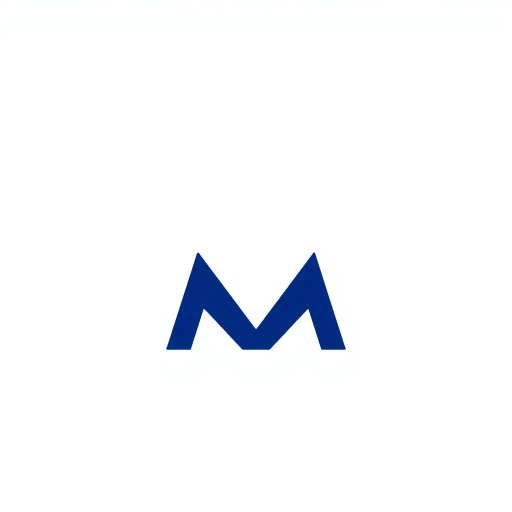minimal M logo, perspective convergence, subtle depth, hierarchy suggestion, solid indigo blue, geometric design, modern technology influence, flat vector style, clean lines, stark contrast, white background, structural elegance, contemporary branding, spatial dynamics, minimalist symmetry, visual hierarchy, clarity in simplicity, Bauhaus inspiration, sleek execution