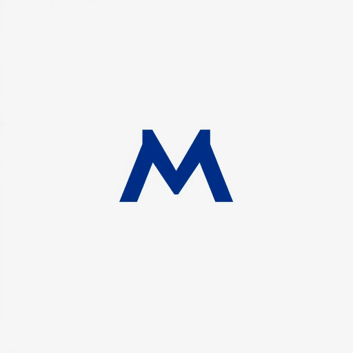 minimal M logo, perspective convergence, hierarchy, solid indigo blue, geometric structure, modern tech design, flat vector, white background, Bauhaus influences, clean lines, symmetry, contemporary aesthetics, spatial innovation, futurism, structural elegance, abstraction, innovative branding, precision, dynamic form, visual impact, sleek elegance, simplicity, innovative branding, visual harmony, balanced composition, spatial depth