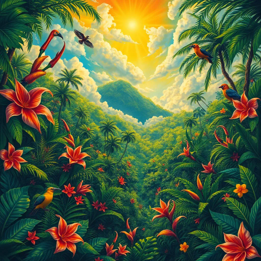 vivid rainforests, carnival atmosphere, vibrant colors, intricate details, lush foliage, rich cultural heritage, magical realism, Brazilian landscape, surreal clouds, tropical wildlife, Henri Rousseau influence, rhythmic movement, radiant sunlight, festive mood, intricate patterns, exotic birds, mythical elements, celebratory spirit, tropical flora, samba rhythm, enchanting scenery