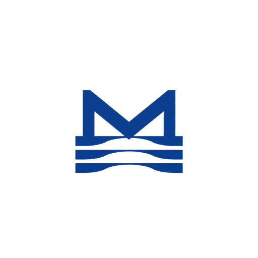 bold M logo mark, solid geometric letter, structured layers, subtle thin horizontal connector lines, indigo on white, modern minimal SaaS branding, flat vector, modernist simplicity, Bauhaus influence, clean design, minimalist aesthetics, structured composition, primary color palette, geometric precision, visual balance, negative space utilization, corporate identity, digital branding, contemporary design language, clarity in form