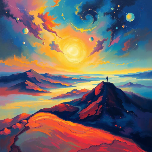 serenity, mysticism, celestial, ethereal landscapes, vivid color palette, dynamic brushstrokes, modern surrealism, abstract symbolism, luminous glow, intricate details, expansive horizon, transcendental, atmospheric depth, otherworldly dimensions, soft gradients, fluid movement, harmony, cosmic elements, visual storytelling, inspired by Salvador Dali, imaginative exploration