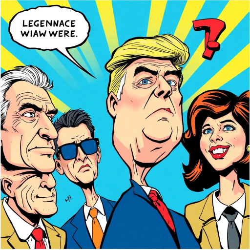 satirical illustration, dynamic composition, bold outlines, vibrant colors, exaggerated expressions, political commentary, surreal elements, pop culture icons, humorous tone, caricature, modern-day legends, contrasting personalities, visual storytelling, contemporary themes, larger-than-life personas, graphic novel influence, Roy Lichtenstein, cultural phenomenon, unique perspectives, whimsical, interplay of power and innovation, iconic imagery