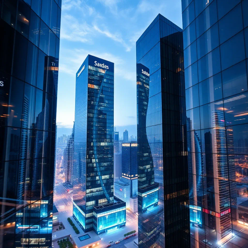 modern business environment, skyscrapers, glass and steel architecture, sleek design, dynamic composition, bright and reflective surfaces, minimalistic aesthetics, professionalism, global economy, urban landscapes, bustling city, futuristic elements, technology-driven, strategic planning, innovative thinking, team collaboration, corporate synergy, efficiency, growth and progress, networking, digital communication, global connectivity, vibrant hues