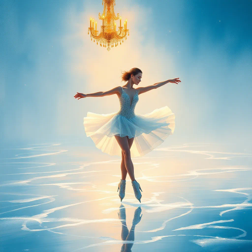 elegant winter figure skater, olympic prowess, delicate ice patterns, dynamic movement, ethereal grace, Claude Monet influence, impressionist colors, frosty textures, flowing lines, chandelier lighting, serene blue hues, contemporary elegance, kinetic energy, harmonious balance, glistening ice reflections, focused precision, dramatic pose, global unity, celebration of motion, artistic expression, serene atmosphere, detailed choreography, captivating performance