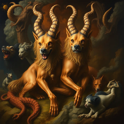 Cerberus mythology, two-headed dog, fantasy creature, intricate details, surreal surroundings, rich textures, masterful blend, dynamic composition, Baroque influence, chiaroscuro lighting, vivid color palette, mythical symbolism, ethereal atmosphere, dramatic perspective, emotional intensity, Da Vinci techniques, Renaissance art style, mystical aura, vibrant storytelling, grand scale, evocative imagery, timeless essence