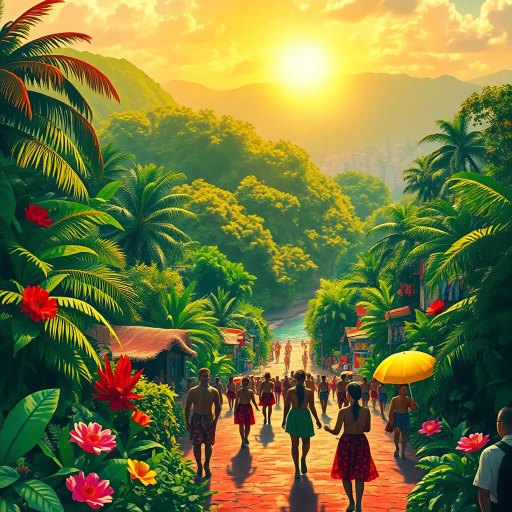 tropical paradise, vibrant rainforest, Rio Carnival, Brazilian culture, Jorge Selarón, Carmen Miranda, exuberant colors, lush vegetation, dynamic samba dancers, vivid patterns, Amazon River, exotic wildlife, modern architecture, indigenous art, celebratory mood, Afro-Brazilian heritage, vibrant street scenes, bold compositions, fluid movement, warmth and energy, sunlit landscapes, urban diversity, festive atmosphere, contemporary influences, chromatic brilliance