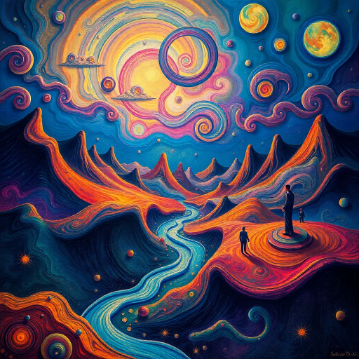 surreal dreamscape, intricate patterns, Salvador Dali, luminous lighting, ethereal ambiance, vivid palette, swirling forms, imaginative landscapes, abstract figures, dreamlike atmosphere, reflective surfaces, flowing textures, dynamic movement, mystical symbolism, infinite space, whimsical elements, vibrant expressions, imaginative worlds, hyper-detailed, otherworldly landscapes