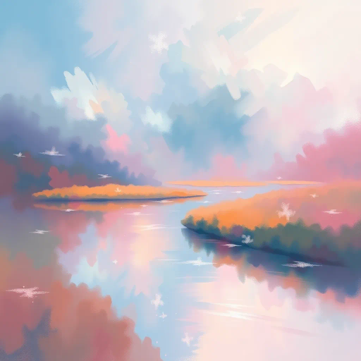ethereal landscapes, fluid brushstrokes, Claude Monet, impressionistic, vibrant pastel hues, luminous light play, delicate textures, atmospheric depth, emotional resonance, nature reflection, serene waterways, gentle gradient transitions, organic forms, soft focus, visual poetry, dreamy ambiance, tranquil scenery, artistic harmony, expressive color palette