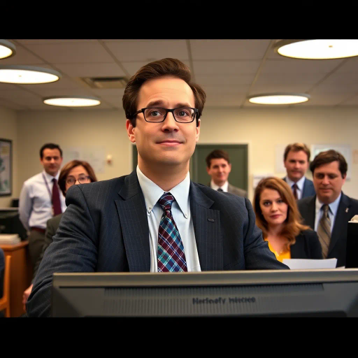 The Office, TV show, satirical humor, vibrant, Steve Carell, ensemble cast, mockumentary style, quirky, everyday life, work environment, subtle irony, character dynamics, Michael Scott, Dunder Mifflin, Scranton, Pennsylvania, documentary filming, 2000s television, comedic timing, deadpan expression, cultural phenomenon, paper company, witty banter, office antics, relatable humor, office supplies, Jim Halpert, Pam Beesly, Dwight Schrute, team dynamics, overhead fluorescent lighting, mundane yet charming, round camera angles, workplace relationships