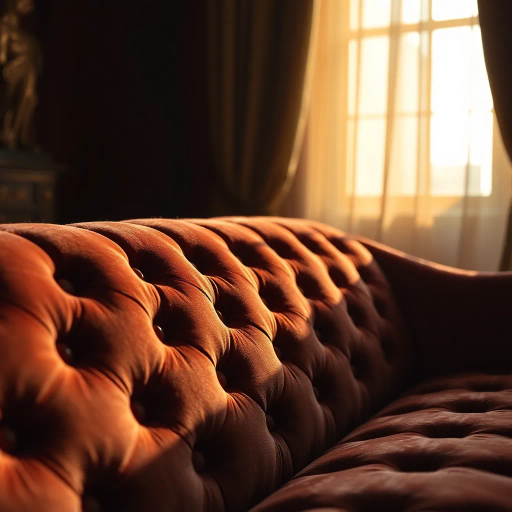 cozy, luxurious, velvet upholstery, intricate stitching, renaissance influence, warm light, soft shadows, rich textures, vibrant colors, detailed craftsmanship, contemporary design, elegant curves, intimate perspective, artistic flair, tactile sensation, harmonious composition, inviting atmosphere, visual depth, muted tones, subtle highlights, timeless appeal, interior design, modern meets classic, refined elegance, spacious comfort, focused closeup, gentle contours