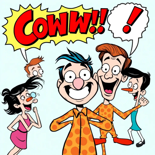 whimsical humor, lighthearted, vibrant colors, exaggerated expressions, playful characters, lively composition, pop art influences, Roy Lichtenstein, retro aesthetic, comedic timing, cheeky, dynamic poses, bold outlines, comic strip, slapstick elements, cartoonish exaggeration, 1960s comic style, humorous storytelling, speech bubbles, satirical, animated feel, cultural references, imaginative world, joyful mood, visual puns