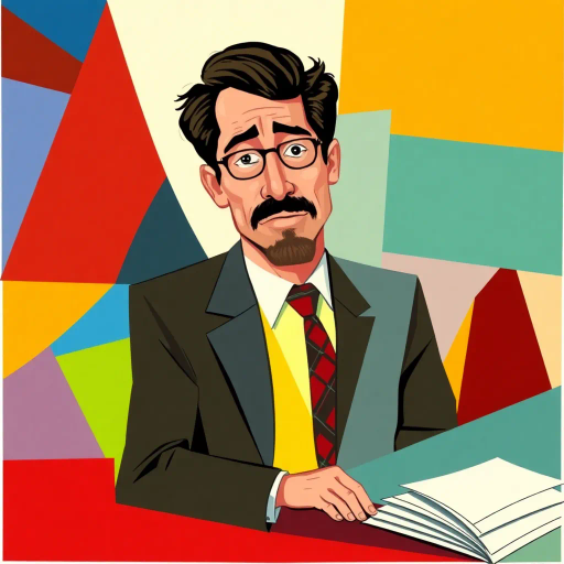 cubist representation, Michael Scott, The Office, office satire, abstract geometry, vibrant color palette, angular shapes, mid-20th century influences, humor in art, Picasso-inspired, fragmented forms, abstract expressionism, early modernism, visual comedy, bold lines, dynamic composition, workplace environment, surreal elements, postmodern satire, complex cubism