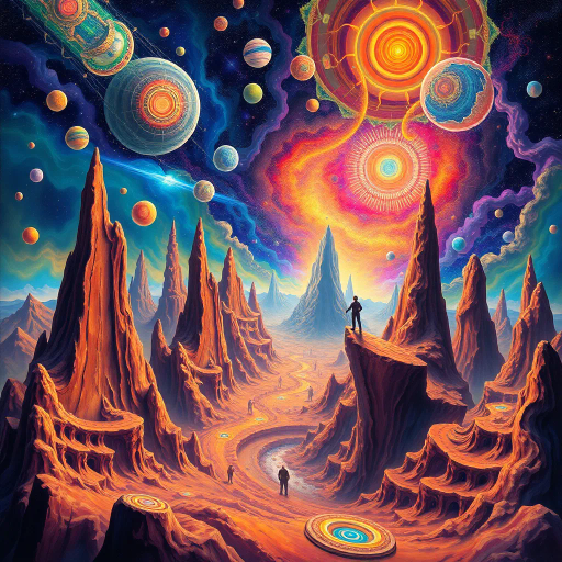 multi-dimensional, ethereal realms, Salvador Dali, surrealism, kaleidoscopic visions, vibrant colors, abstract forms, intricate details, vivid contrasts, dreamscape, cosmic structures, endless scale, fluid geometry, floating elements, mysterious aura, dynamic movement, immersive depth, visionary experience, celestial influences, interstellar ambiance