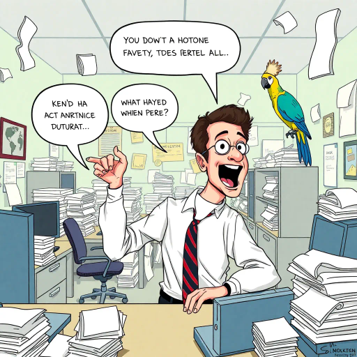 satirical humor, mundane environment, paper company, surreal twist, vibrant colors, exaggerated expressions, parody of corporate life, pop art influence, parody, absurd scenarios, humorous dialogue, slapstick comedy, dynamic poses, expressive line work, 21st century, American television culture, character-driven narrative, Steve Carell as Michael Scott, vivid imagination, office setting, parrot, unexpected elements, quirky interactions