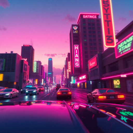 retrowave, neon glow, synthwave, 1980s nostalgia, vibrant hues, retro aesthetics, cyberpunk influence, Miami Vice colors, gradient skies, glowing grids, vaporwave vibes, futurism, digital landscape, pulsating lights, surreal cityscapes, cinematic framing, synth music inspiration, futuristic cars, nightscape, neon signs, chrome textures, dynamic perspective, electrifying ambiance, futuristic cityscape, vibrant neon colors, electric hues, bold geometric shapes, urban landscape, high contrast visuals, retro-futurism, dynamic movement, dusk lighting, vivid reflections, intricate detailing, digital rendering, surreal atmosphere, abstract patterns, sci-fi elements, immersive universe, nostalgic mood, visual rhythm, avant-garde expression, cultural nostalgia