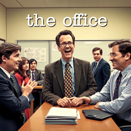 iconic television series, The Office, Dunder Mifflin workplace, satirical humor, pop culture references, contemporary American culture, vibrant color palette, Michael Scott's antics, dynamic character interactions, exaggerated facial expressions, parody of corporate life, mockumentary style, lively office environment, emotional range, character-driven scenes, mid-2000s era, subtle visual gags, whimsical tone, relatable situations, storytelling through humor