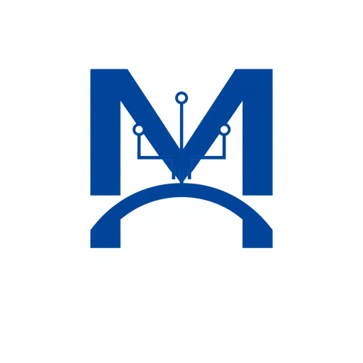 minimalist design, bold letter M, geometric precision, solid structure, small V-shaped connector lines, symbolic tree branches, hierarchical elements, indigo blue color scheme, flat vector art, sleek and contemporary, modern SaaS logo, stark white background, clean lines, corporate elegance, visual hierarchy, innovative branding, connectivity symbolism, abstract representation, adaptive simplicity, digital landscape