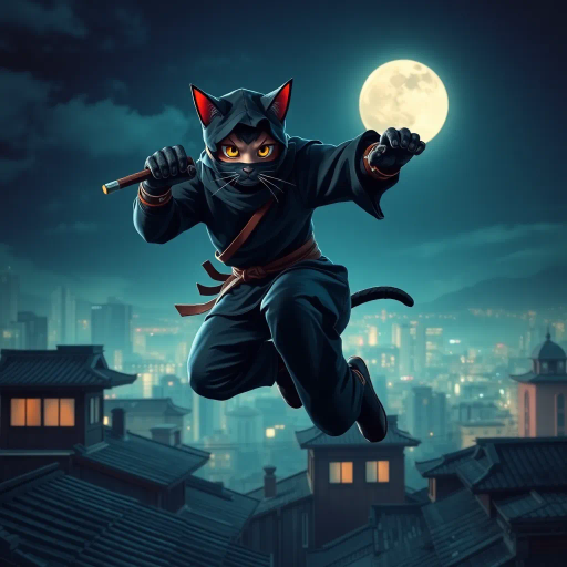 ninja, cat, dynamic action, leaping rooftops, urban nightscape, moonlit shadows, kinetic energy, traditional Japanese influence, vibrant motion lines, samurai aesthetic, feline grace, exaggerated perspective, stealthy movements, contrasting colors, mystical aura, sleek silhouette, mid-air pose, dramatic lighting, ancient meets modern, intense focus, cultural fusion, vivid expression, agile figure, rooftop vista, serene yet thrilling, cinematic composition