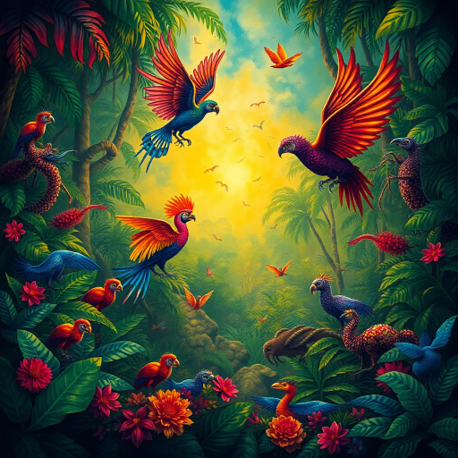 vibrant rainforest, carnival energy, tropical palette, intricate textures, Gustavo Rosa, surrealism, expressive forms, dynamic movement, colorful feathers, mystical beings, atmospheric perspective, lush foliage, samba rhythms, cultural tapestry, radiant lighting, whimsical creatures, vibrant celebrations, exotic wildlife, lively atmosphere, magical realism, imaginative scenery, rhythmic patterns, bold silhouettes