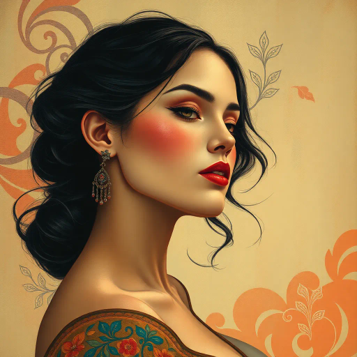 serene, ethereal, portrait of a woman, evocative mood, vibrant colors, intricate patterns, chiaroscuro lighting, inspired by Alphonse Mucha, art nouveau elements, flowing lines, delicate textures, renaissance influences, elegant poise, contemplative expression, natural beauty, soft pastel hues, atmospheric depth, delicate brushstrokes, cultural fusion, modern twist, abstract background, imaginative composition, timeless elegance