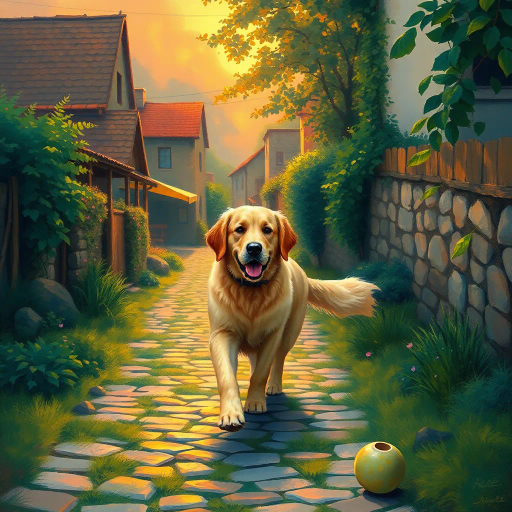 golden retriever, strolling peacefully, cobblestone path, Claude Monet influences, ethereal lighting, vibrant hues, rich textures, dynamic movement, pastoral scenery, impressionist brushstrokes, warm sunset glow, emotional serenity, playful elegance, lush greenery, narrative composition, naturalistic detail, charming village, timeless elegance, Edward Hopper narrative style, vivid storytelling, atmospheric depth, whimsical tranquility, pastoral ambiance, enchanting rural landscape, harmonious balance, storytelling elements