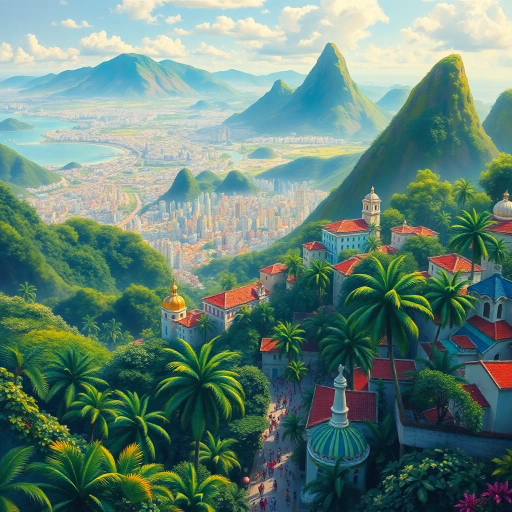 vibrant rainforest, sprawling cityscapes, Rio Carnival celebration, modernist architecture, Tarsila do Amaral, tropical paradise, lush landscapes, Samba rhythm, vivid color palettes, dynamic movement, cultural fusion, vibrant street art, warm sunlight, Copacabana beach, panoramic views, rich biodiversity, Botero-inspired figures, expressive brushstrokes, Amazon River, intricate textures, joyous atmosphere, cultural heritage, Henri Rousseau influence, energetic composition