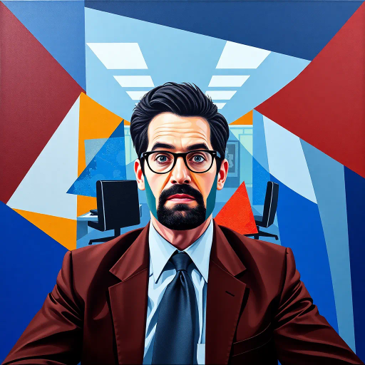 Michael Scott, The Office, geometric shapes, cubism-inspired, vibrant colors, abstract representation, angular forms, dynamic composition, contrast between sharp and soft lines, 2000s pop culture, office setting, humorous undertones, surrealism, modernist techniques, vibrant blues and grays, layered textures, perspectives intersecting, Steve Carell as an artistic icon, playful interpretation, contemporary art influences, geometric abstraction
