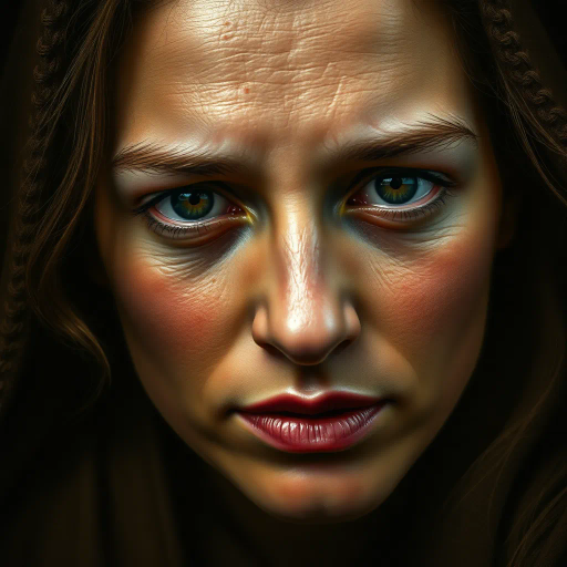 hyper-realistic, intricate detail, lifelike representation, Vermeer-inspired lighting, chiaroscuro, rich textures, vibrant colors, emotional depth, intimate composition, Renaissance influence, masterful brushwork, realism, depth of field, subtle contrasts, natural tones, detailed features, expressive portrayal, timeless atmosphere, classical elements, human emotion, detailed background, nuanced shading, realism, contemporary twist, artistic narrative