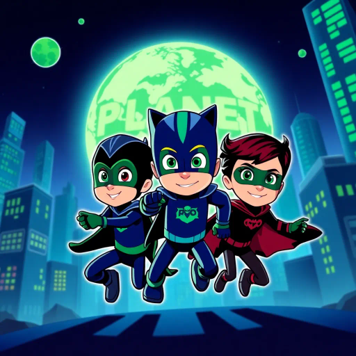 pjmasks, heroic trio, saving the planet, dynamic action, vivid colors, high contrast, futuristic cityscape, midnight blues, vibrant greens, animated style, dramatic shadows, fast-paced adventure, heroic journey, children's heroes, comic strip influence, rescue mission, environmental protection, teamwork, bold outlines, stylized characters, storytelling, graphic novel technique, adventure narrative, heroic lighting, superhero themes, youthful spirit, comic panel composition, bold and dynamic, enhanced visual storytelling, impactful imagery, intense atmosphere, spirited and determined, visual drama